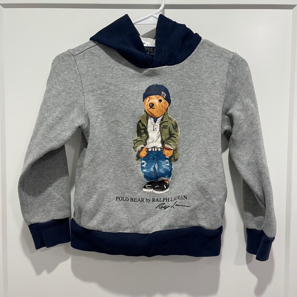 Polo Ralph Lauren Boys Polo Bear Hoodie Gray Navy Blue Size S 8 Sweatshirt